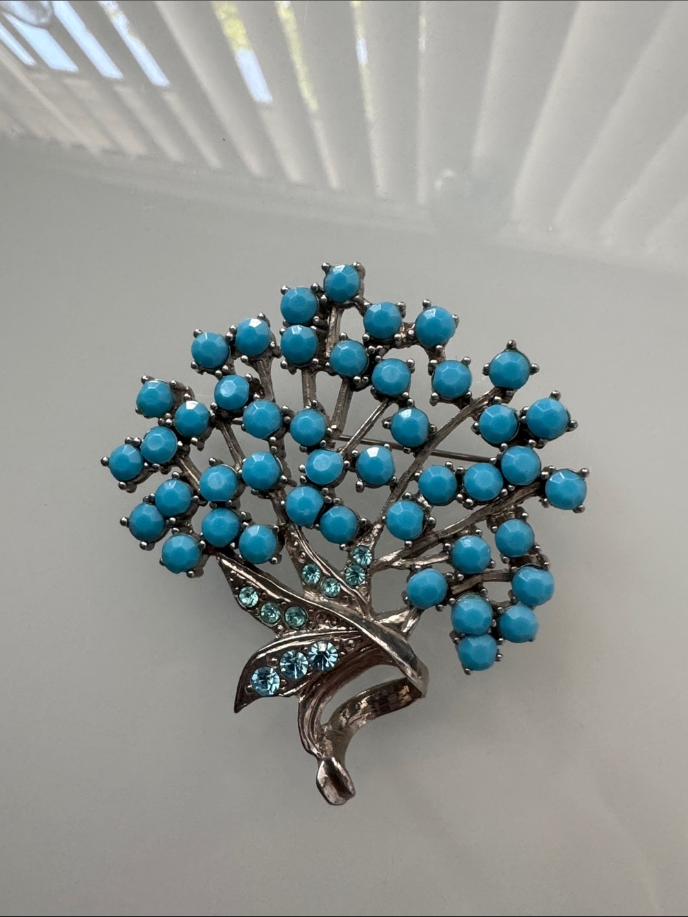 Vintage faux Turquoise & Crystal Tree Brooch Pin - Blue Floral Jewelry